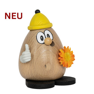 Farbiges Räuchermännchen „Knallkopp Custav“ aus Holz, mit gelber Mütze, Daumen‑Hoch‑Hand und orangefarbener Blume; inklusive 5 Räucherkerzen, 9 cm groß.