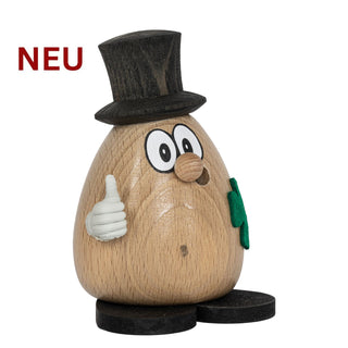 Farbiges Räuchermännchen „Knallkopp Benjamin“ aus Holz, mit schwarzem Zylinder, Daumen‑Hoch‑Hand und grünem Kleeblatt; inklusive 5 Räucherkerzen, 9 cm groß.