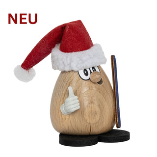 Holz-Räuchermännchen „Knallkopp Klausi“ aus dem Erzgebirge, handgefertigt, mit roter Weihnachtsmütze, rundem Körper, aufgemalten Augen und Daumen-hoch-Geste; steht auf zwei kleinen schwarzen Füßen und enthält fünf farbige Räucherkerzen.