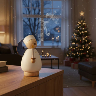 Räuchermännchen „Engel“ (9 cm), farbig gestaltet mit Flügeln und Kerze, inkl. 5 Räucherkerzen, rauchend auf einem Tisch vor festlich geschmücktem Weihnachtsbaum und winterlicher Fensterkulisse dekoriert.