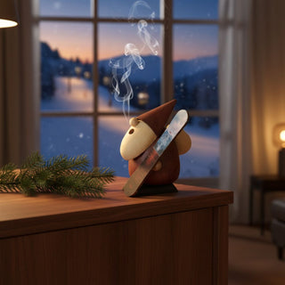 Räuchermännchen „Weihnachtsmann mit Snowboard“ (10 cm), farbig gestaltet mit Snowboard und roter Mütze, rauchend auf einem Tisch vor winterlicher Fensterkulisse dekoriert.