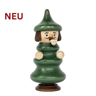 Räuchermännchen „Baumwichtel“ aus Holz, grün gebeizt, mit spitzer Mütze, seitlichem Haar, runden Holzarmen und kleinem Holzbecher vor dem Mund; 16 cm hoch.