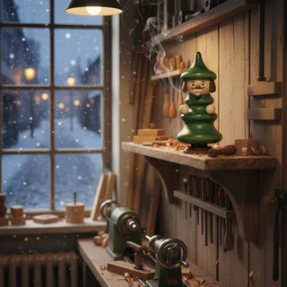 Räuchermännchen „Baumwichtel“ (16 cm), grün gestaltet in Tannenform mit spitzer Mütze und freundlichem Gesicht, rauchend auf einem Regal in einer Werkstattumgebung mit Holzwerkzeugen und verschneiter Winterlandschaft vor dem Fenster dekoriert.