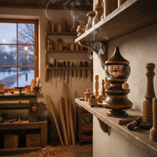 Räuchermännchen „Baumwichtel“ (16 cm), braun gestaltet im natürlichen Holzton mit spitzer Mütze und feinen Details, rauchend auf einem Regal in einer Werkstattumgebung mit Holzwerkzeugen und winterlicher Fensterkulisse dekoriert.
