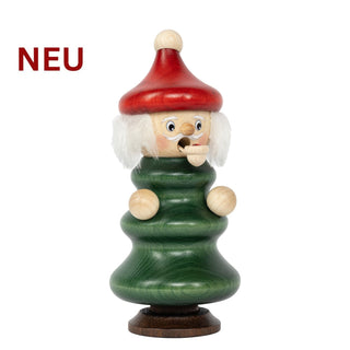 Räuchermännchen „Baumwichtel“ aus Holz, mit grünem Körper in Tannenform, roter Mütze, hellem Haar und kleiner Pfeife vor dem Mund; 16 cm hoch.