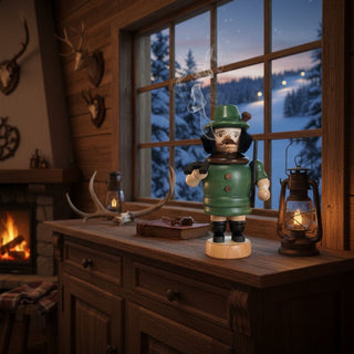 Räuchermännchen „Jäger“ (20 cm), farbig gestaltet mit grünem Mantel, Hut und Gewehr, rauchend auf einer Kommode vor rustikaler Waldhütten‑Kulisse mit Fensterblick auf verschneite Landschaft dekoriert.
