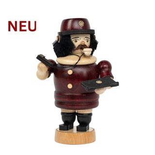 Räuchermännchen „Businessman“ aus Holz, farbig gestaltet, mit Aktenmappe, Smartphone und Mütze mit @‑Symbol; 20 cm hoch.