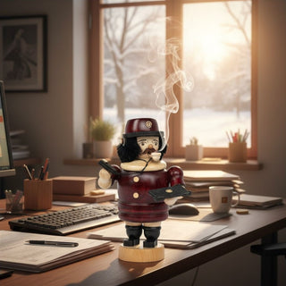 Räuchermännchen „Businessman“ (20 cm), farbig gestaltet mit Anzug, Aktentasche und Smartphone, rauchend auf einem Schreibtisch mit Laptop, Unterlagen und Kaffeetasse vor heller Büro‑ und Fensterkulisse dekoriert.