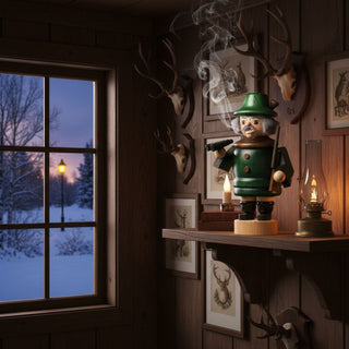 Räuchermännchen „Jäger“ (20 cm), farbig gestaltet mit grünem Mantel, Hut und Gewehr, rauchend auf einem Wandregal in rustikaler Wohnatmosphäre mit Holzvertäfelung, Jagdtrophäen und winterlicher Schneelandschaft vor dem Fenster dekoriert.