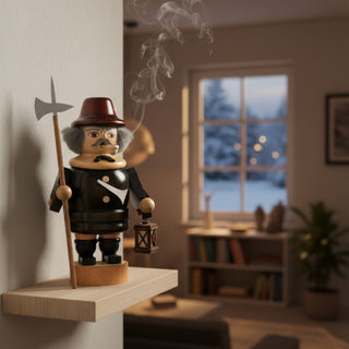 Räuchermännchen „Nachtwächter“ (20 cm), farbig gestaltet mit Hut, Hellebarde und Laterne, rauchend auf einem Wandregal in ruhiger Wohnatmosphäre vor winterlicher Fensterkulisse dekoriert.