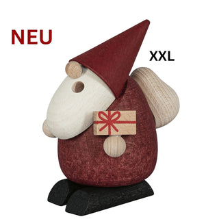 Farbiges Räuchermännchen „Weihnachtsmann‑Bescherung“ in schlichter Holzfigur‑Form mit roter Mütze und kleinem Geschenk in der Hand; 24 cm hoch.