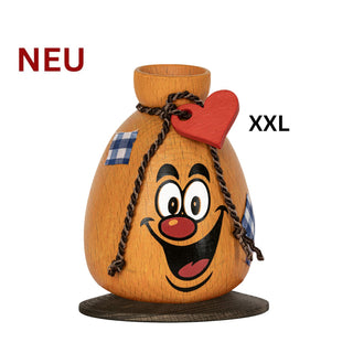 Farbiges Räuchermännchen „Lach‑Sack“ in sackförmigem Design mit aufgemaltem fröhlichem Gesicht, Kordelband und rotem Herzanhänger; 18 cm hoch, Ø 13 cm.