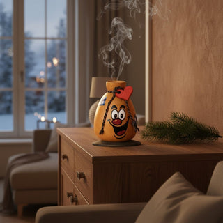 Räuchermännchen „Lach‑Sack“ (18 cm, Ø 13 cm), farbig gestaltet mit lachendem Gesicht und Herzdetail, rauchend auf einer Kommode in gemütlicher Wohnatmosphäre vor winterlicher Fensterkulisse dekoriert.Geben Sie Ihr Feedback zu BizChat ab.