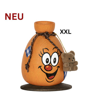 Farbiges Räuchermännchen „Alter‑Sack“ in Sackform mit aufgemaltem Gesicht, Kordelband und kleinem Plüschbären; 18 cm hoch, Ø 13 cm.