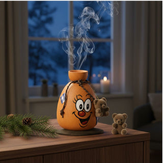 Räuchermännchen „Alter‑Sack“ (18 cm, Ø 13 cm), farbig gestaltet mit lachendem Gesicht und kleinen Teddybären, rauchend auf einer Kommode vor gemütlicher Winter‑Wohnkulisse dekoriert.