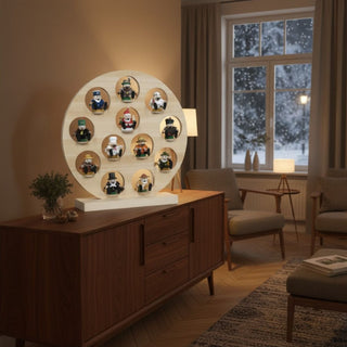 Sammeldisplay für Räuchermännchen Mini (49 cm), naturbelassenes Holzregal ohne Bestückung, mit mehreren runden Fächern zur Präsentation, dekorativ auf einer Kommode in gemütlicher Wohnatmosphäre vor winterlicher Fensterkulisse platziert.