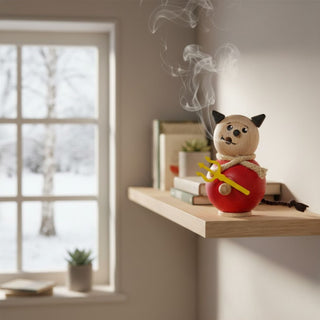 Räuchermännchen Mini „Teufel“ (8 cm), farbig, rauchend mit Dreizack auf Regal dekoriert.