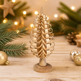 Spanbaum natur, 10 cm, handgefertigte Holzdekoration mit fein gearbeiteten Spanlocken und rundem Sockel, dekorativer Miniaturbaum für Weihnachtspyramiden, Lichterbögen und winterliche Dekolandschaften.