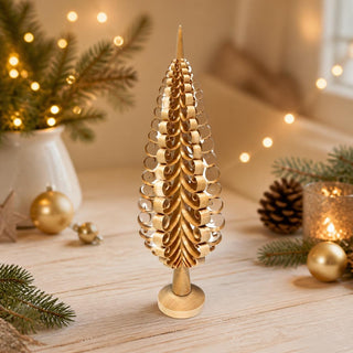 Spanbaum natur, 30 cm, handgefertigter Holzbaum mit kunstvollen Spanlocken und elegantem Rundsockel, hochwertige Weihnachtsdekoration für Fensterbank, Tisch und festliche Winterarrangements.