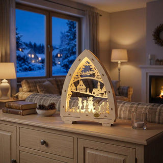 LED-Lichterspitze „Schneemann“ aus naturfarbenem Holz (29 cm) mit warmweißer LED-Beleuchtung. Das mehrlagig gefertigte Motiv zeigt einen Schneemann und winterliche Figuren in einer verschneiten Landschaft vor einer Dorfkulisse mit Kirche und Fachwerkhäusern. Über der Szene erstreckt sich ein großer Tannenbaum mit Sternenmotiv. Die dekorative Lichterspitze steht auf einer Kommode in einem gemütlichen Wohnraum vor einem Fenster mit Blick auf eine verschneite Winterlandschaft.