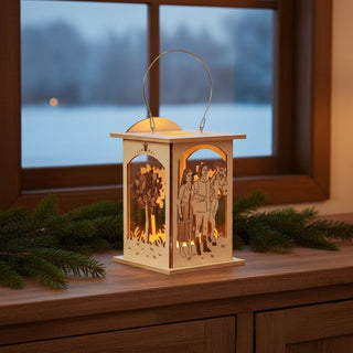 Laterne für 1 Teelicht oder mit LED‑Stripe „Das singende, klingende Bäumchen®“, 16 cm, aus einfarbig abgesetztem Holz mit filigranen Märchenszenen und Figuren auf den Seitenflächen, dekorativ auf einem Holzsideboard mit Tannenzweigen platziert, vor einem Fenster mit winterlicher Landschaft, stimmungsvoll beleuchtet durch warmes Licht im Inneren.
