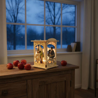 Laterne für 1 Teelicht oder mit LED‑Stripe „DEFA‑Schneewittchen®“, 16 cm, aus bunt abgesetztem Holz mit filigranen Märchenszenen wie Schneewittchen und weiteren Figuren auf den Seitenflächen, dekorativ auf einem Holzsideboard mit roten Äpfeln platziert, vor einem großen Fenster mit winterlicher Landschaft, stimmungsvoll beleuchtet durch warmes Licht im Inneren.