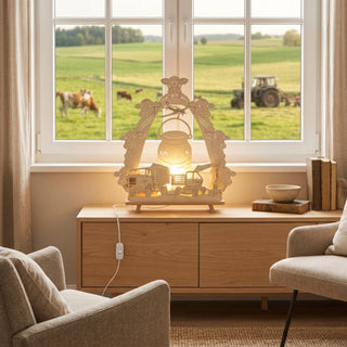 LED-Standleuchte „(N)Ostalgie Agrar-Motiv“ aus naturfarbenem Holz (44 cm) mit warmweißer LED-Beleuchtung. Das aufwendig ausgeschnittene Motiv zeigt einen Milchkessel mit der Aufschrift „Milch“, umgeben von mehreren Kuhköpfen, einem Landwirtschaftsflugzeug sowie einem Lkw und einer Erntemaschine. Die dekorative Leuchte steht auf einem rustikalen Holztisch in einem gemütlichen Wohnraum. Durch die großen Fenster ist eine ländliche Landschaft mit Weiden, Kühen und einem Traktor zu sehen. 