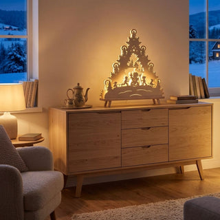 LED-Standleuchte „Schneemann“ aus naturfarbenem Holz (41 cm) mit warmweißer LED-Beleuchtung. Das filigran ausgeschnittene Motiv in Form eines traditionellen Schwibbogens zeigt einen Schneemann, umgeben von winterlichen Figuren, Tannenbäumen und dekorativen Kerzenelementen. Die Leuchte steht auf einer Holzkommode in einem gemütlichen Wohnraum. Durch die Fenster ist eine verschneite Winterlandschaft mit schneebedeckten Hügeln und Häusern zu sehen. 