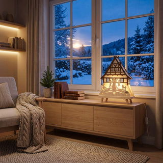 LED-Standleuchte „Waldhaus“ aus naturfarbenem Holz (41 cm) mit warmweißer LED-Beleuchtung. Das filigran ausgeschnittene Motiv zeigt ein traditionelles Fachwerkhaus in einer winterlichen Waldszene. Vor dem Haus stehen mehrere Figuren und ein Reh, während Schneeflocken und winterliche Landschaftselemente die Szene ergänzen. Die dekorative Leuchte steht auf einem Sideboard vor einem Fenster mit Blick auf eine verschneite Winterlandschaft.