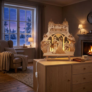 LED-Standleuchte „Drei Haselnüsse für Aschenbrödel®“ 2024 aus naturbelassenem Holz mit warmweißer LED-Beleuchtung. Die filigrane, mehrlagige Darstellung zeigt eine bekannte Ballszene aus dem Märchenfilm mit tanzendem Paar im Mittelpunkt, umgeben von weiteren Figuren und Schlossarchitektur. Feine Details wie Treppen, Balkone und dekorative Elemente unterstreichen die hochwertige Handwerkskunst. Die 42 cm hohe Leuchte steht auf einem Wohnzimmertisch.