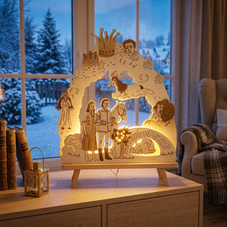 LED-Standleuchte „Das singende, klingende Bäumchen®“ aus naturfarbenem Holz mit farbigen Akzenten (41 cm) und warmweißer LED-Beleuchtung. Das detailreich gestaltete Motiv zeigt mehrere Szenen aus dem Märchenklassiker, darunter ein Prinz und eine Prinzessin im Vordergrund, ein Pferd, das singende klingende Bäumchen, ein Schloss, eine Krone sowie weitere märchenhafte Figuren und Symbole. Die bogenförmige Leuchte vereint verschiedene Elemente der Geschichte in einer filigran ausgeschnittenen Komposition. 