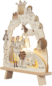 Lichterspitze beleuchtet mit Prinz und Prinzessin, Bäumchen, bösem Zwerg, Pferd, Fisch und König, seitliche Ansicht