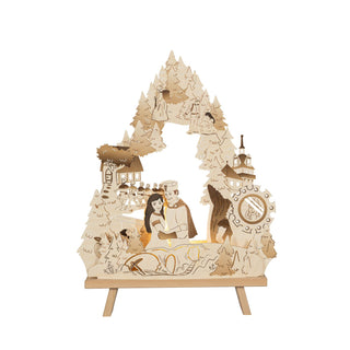 Dekorationsleuchte aus Holz mit Szenen aus dem bekannten DEFA-Märchen Schneewittchen.