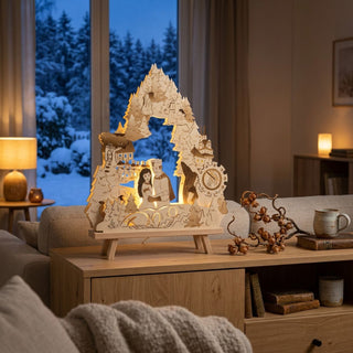 LED-Standleuchte „DEFA-Schneewittchen“ aus naturfarbenem Holz (41 cm) mit warmweißer LED-Beleuchtung. Das filigran gestaltete Motiv zeigt Szenen aus dem Märchen Schneewittchen, darunter Schneewittchen und den Prinzen im Vordergrund sowie weitere Figuren, ein Häuschen, eine Schlossanlage und Waldmotive entlang eines geschwungenen Bogens aus Tannenbäumen. Die naturbelassene Holzoptik wird durch feine Gravuren und ausgeschnittene Details ergänzt. 