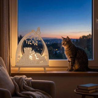 LED-Standleuchte „Katzenfreund“ aus naturfarbenem Holz (41 cm) mit warmweißer LED-Beleuchtung. Das filigran ausgeschnittene Motiv zeigt eine Katzenmutter mit zwei verspielten Kätzchen unter einem Ast mit Schmetterling. Blumen- und Wiesenelemente ergänzen die liebevolle Szene. Die dekorative Leuchte steht auf einer Fensterbank neben einer Katze vor einem Abendhimmel und verbreitet ein gemütliches, wohnliches Ambiente.