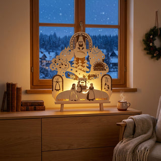 LED-Standleuchte „DEFA – Frau Holle“ aus naturfarbenem Holz mit farbigen Akzenten (41 cm) und warmweißer LED-Beleuchtung. Das detailreich gestaltete Motiv zeigt mehrere Szenen aus dem Märchen „Frau Holle“, darunter Frau Holle am Fenster beim Ausschütteln der Betten, die Goldmarie und die Pechmarie, einen Brunnen, einen Backofen sowie einen Apfelbaum. Filigrane Schneeflocken, Bäume und dekorative Verzierungen ergänzen die märchenhafte Darstellung. Die Leuchte steht auf einer Holzkommode.