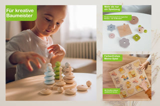 Collage mit Holzspielzeug: Links spielt ein Kind an einem Tisch mit einem Stapelspiel. Rechts oben liegen bunte Holzformen zum Stecken. Rechts unten wird ein farbiges Holz‑Memo-Spiel mit Tiermotiven gezeigt. Texte wie „Für kreative Baumeister“ und „Farbenfrohes Memo‑Spiel“ sind eingeblendet.