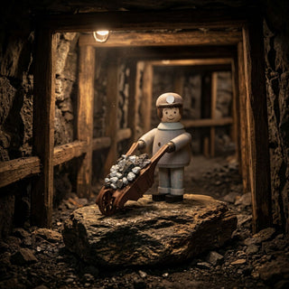 Miniatur „Bergmann mit Schubkarre“ (ca. 5 cm) aus naturbelassenem Holz, mit kleiner Figur in Bergmannskleidung und Helm, die eine Schubkarre mit Erzsteinen schiebt. Die Szene ist in einem detailreich gestalteten Bergwerksstollen dargestellt, mit Holzbalken, Felsen und gedämpfter Beleuchtung, die eine authentische und rustikale Atmosphäre erzeugen.