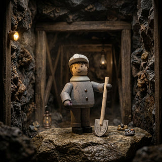 Miniatur „Bergmann mit Schaufel“ (ca. 5 cm) aus naturbelassenem Holz, mit einer kleinen Figur in Bergmannskleidung und Grubenlampe, die eine Schaufel hält. Die Figur ist in einem detailreich gestalteten Bergwerksstollen mit Holzbalken, Gestein und warmem Licht inszeniert, wodurch eine authentische und rustikale Atmosphäre entsteht.
