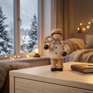 Miniatur „Junge mit Brezel“ (ca. 5 cm) aus naturbelassenem Holz, mit kleiner Figur in Winterkleidung und Mütze, die eine filigrane Brezel in der Hand hält. Die Figur steht auf einem Holztisch in einer gemütlichen Wohnstube; im Hintergrund ein Fenster mit verschneiter Winterlandschaft, Lichterkette und Kerze, die eine warme, winterliche Atmosphäre schaffen.
