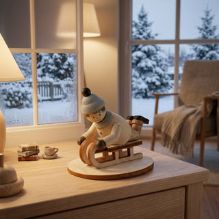 Miniatur „Rodler liegend“ (ca. 5 cm) aus naturbelassenem Holz, mit kleiner Figur in Winterkleidung und Mütze, die bäuchlings auf einem Holzschlitten liegt. Die Szene steht auf einem Holztisch in einer gemütlichen Wohnstube; im Hintergrund ein Fenster mit verschneiter Winterlandschaft, dazu Lampe, Sessel und Dekoelemente, die eine warme, winterliche Atmosphäre schaffen.