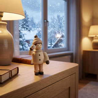 Miniatur „Junge mit Schneeball“ (ca. 5 cm) aus naturbelassenem Holz, mit kleiner Figur in Winterkleidung und Mütze, die einen Schneeball in der erhobenen Hand hält. Die Figur steht auf einem Holzmöbel neben Büchern und einer Lampe; im Hintergrund ein Fenster mit verschneiter Winterlandschaft und sanft fallendem Schnee, der eine ruhige, gemütliche Winteratmosphäre schafft.