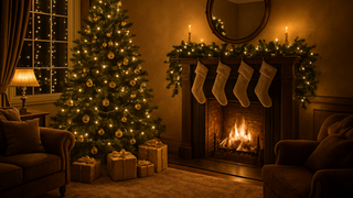 Ein weihnachtlich dekorierter Wohnraum mit einem beleuchteten Weihnachtsbaum, mehreren eingepackten Geschenken und einem Kamin, in dem Feuer brennt. Über dem Kamin hängen vier Strümpfe, und auf dem Sims sowie am Baum befinden sich Lichter.