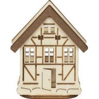 Kleines Holzdeko-Haus zum Aufstecken auf Weihnachtsbaumbeleuchtung oder Lichterbögen: Das Haus besitzt ein dreieckiges Dach, mehrere Fenster und eine offene Tür an der Vorderseite. Die detaillierte Holzarbeit erinnert an ein traditionelles Fachwerkhaus. Eignet sich auch als Baumbehang oder Dekohaus in Weihnachtsdekorationen.