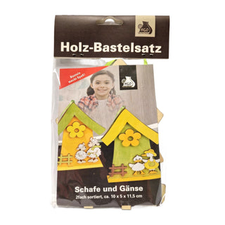 Holz-Bastelsatz Anhänger 2er-Set mit Schäfchen und Gänsen in frühlingshaften Farben_1