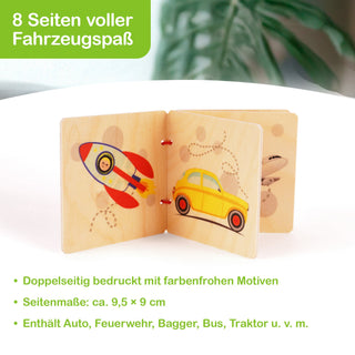 „Ein kleines Holz-Bilderbuch mit bunten Fahrzeugillustrationen. Das Buch ist geöffnet und zeigt eine Rakete auf der linken sowie ein gelbes Auto auf der rechten Seite. Im Hintergrund sind dekorative Muster zu sehen. Im Bild steht der Text: ‚8 Seiten voller Fahrzeugspaß – Doppelseitig bedruckt mit farbenfrohen Motiven – Seitenmaße: ca. 9,5 × 9 cm – Enthält Auto, Feuerwehr, Bagger, Bus, Traktor u. v. m.‘“