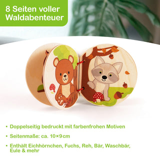 „Ein rundes Kinderbuch aus Holz mit bunten Tiermotiven. Das Buch ist geöffnet und zeigt links einen Bären und rechts einen Fuchs in einer Waldszene mit Bäumen und Pilzen. Im Bild steht der Text: ‚8 Seiten voller Waldabenteuer – Doppelseitig bedruckt mit farbenfrohen Motiven – Seitenmaße: ca. 10 × 9 cm – Enthält Eichhörnchen, Fuchs, Reh, Bär, Waschbär, Eule & mehr‘.“
