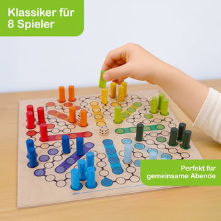 „Ein Kind spielt ein buntes Brettspiel mit farbigen Spielfiguren und einem Würfel. Das Spielbrett zeigt verschiedene farbige Bereiche, die durch Kreise miteinander verbunden sind. Oben links steht der Text: ‚Klassiker für 8 Spieler‘, unten rechts: ‚Perfekt für gemeinsame Abende‘.“