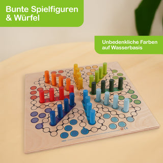 „Ein buntes Brettspiel mit Spielfiguren und Würfeln. Die Figuren sind in den Farben Rot, Orange, Gelb, Grün, Blau und Lila angeordnet. Das Spielbrett zeigt ein spiralförmiges Muster aus farbigen Kreisen. In der oberen linken Ecke steht in einem grünen Feld ‚Bunte Spielfiguren & Würfel‘, in der oberen rechten Ecke ‚Unbedenkliche Farben auf Wasserbasis‘.“
