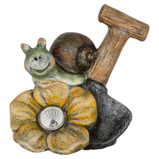 Farbige Schnecke aus Kermaik mit Spaten und Blüte. In der Mitte der Blüte befindet sich ein LED-Solarlicht_1